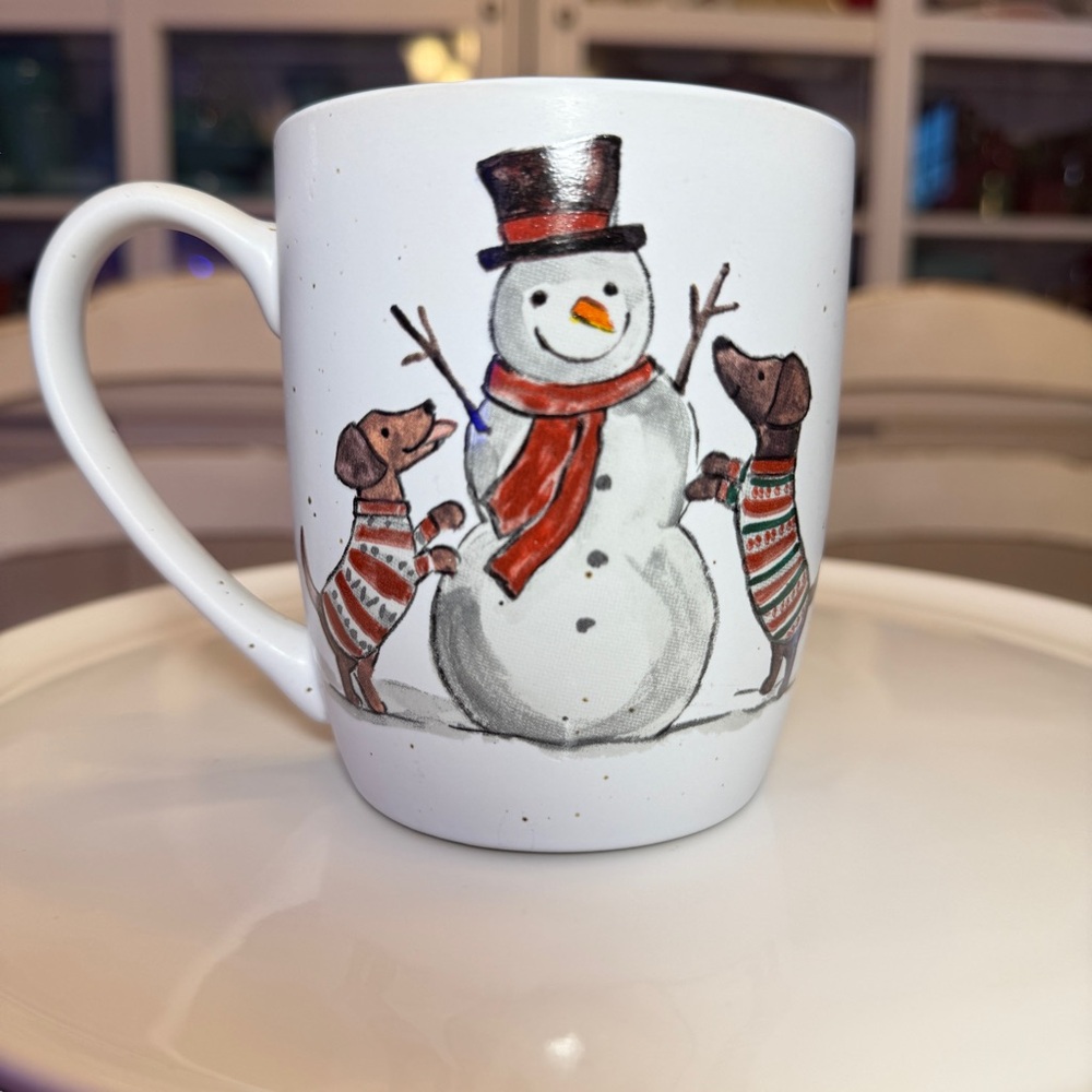 Charming White and Red Ceramic Mug with Snowman and dachshunds